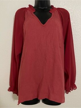 Umgee Ruffled V-Neck Long Sleeve Blouse - Deep Red
